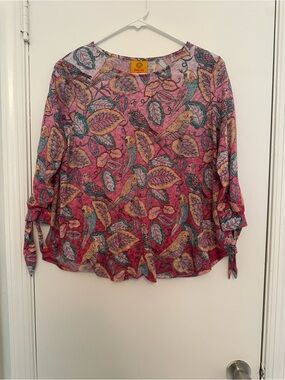 Ruby Rd. Pink Multicolor Parrot & Leaf Print Blouse